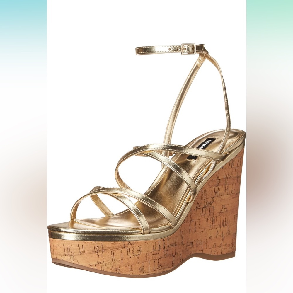 NWT gold Nine West 4.76” wedges, sz 7.5, ankle strap, cork bottom; with box